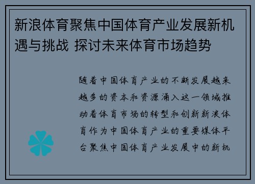 新浪体育聚焦中国体育产业发展新机遇与挑战 探讨未来体育市场趋势